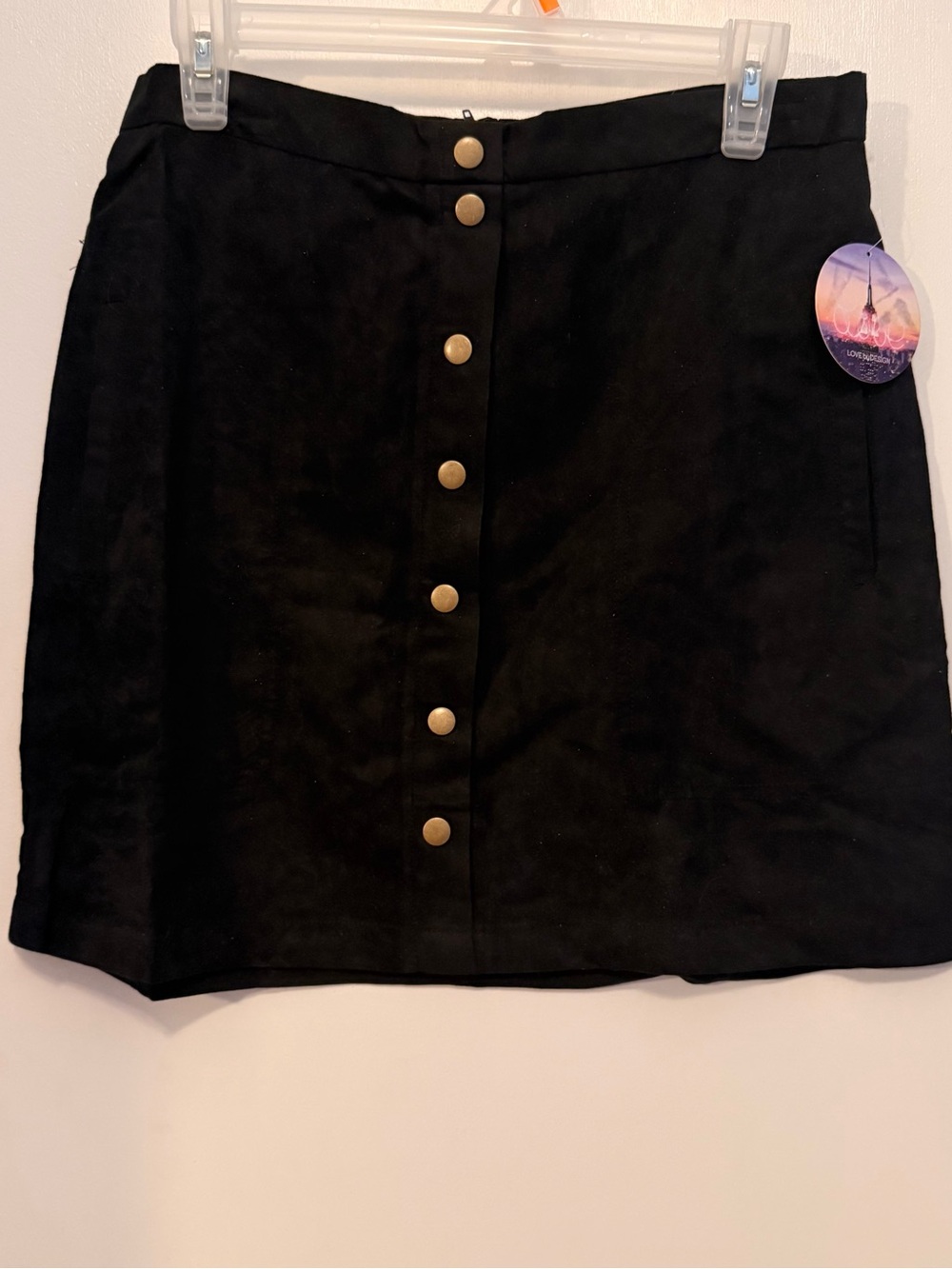 Love By Design Black Faux Button-Front Sueded Women's Back Zip Skirt NWT